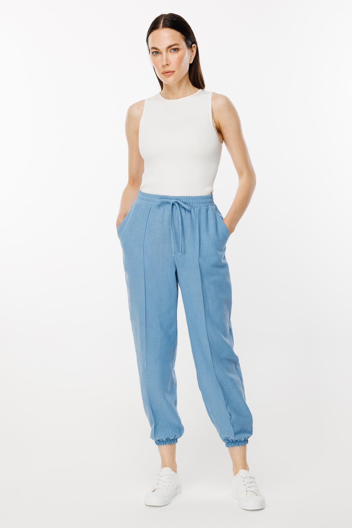 Paçası Lastikli Nervür Detaylı Keten Pantolon - MAVİ