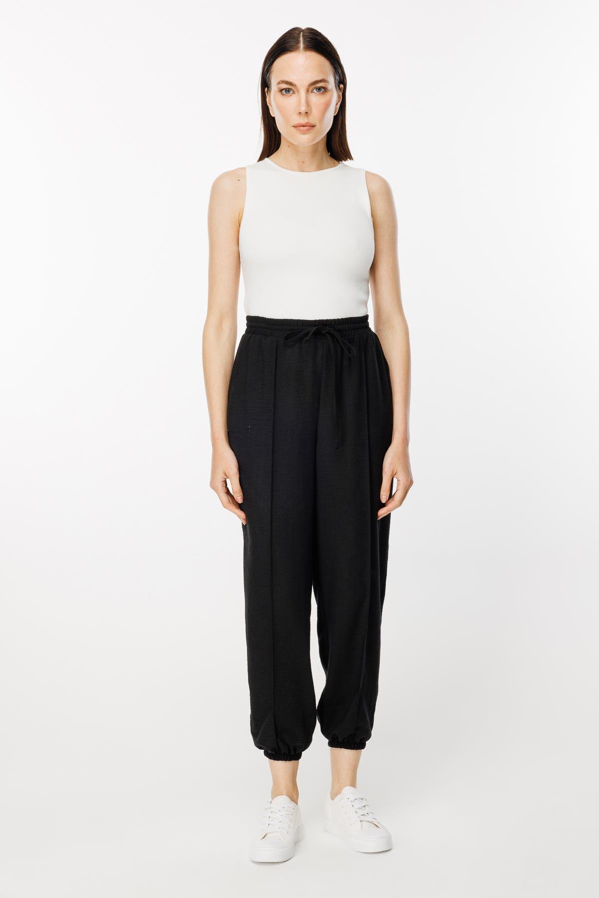 Paçası Lastikli Nervür Detaylı Keten Pantolon - SİYAH