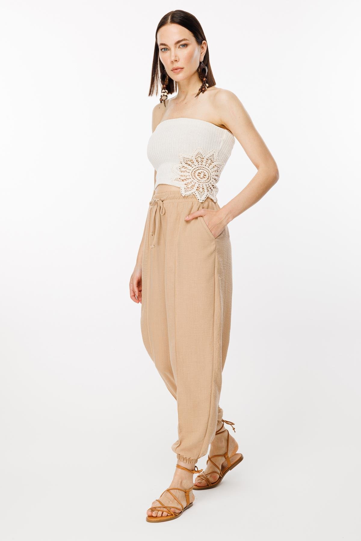 Paçası Lastikli Nervür Detaylı Keten Pantolon - CAMEL