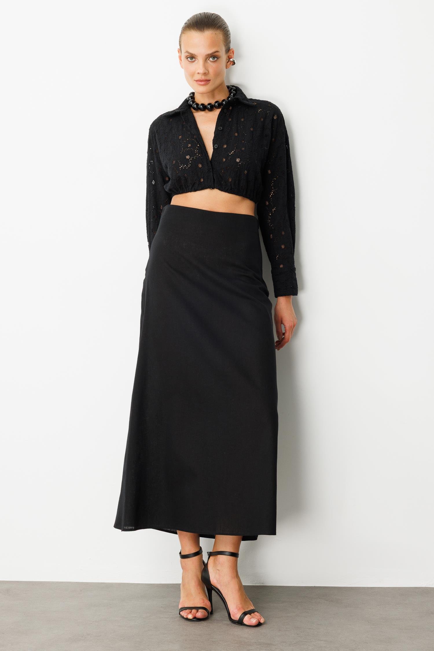 Pamuklu Keten Uzun Etek-SİYAH