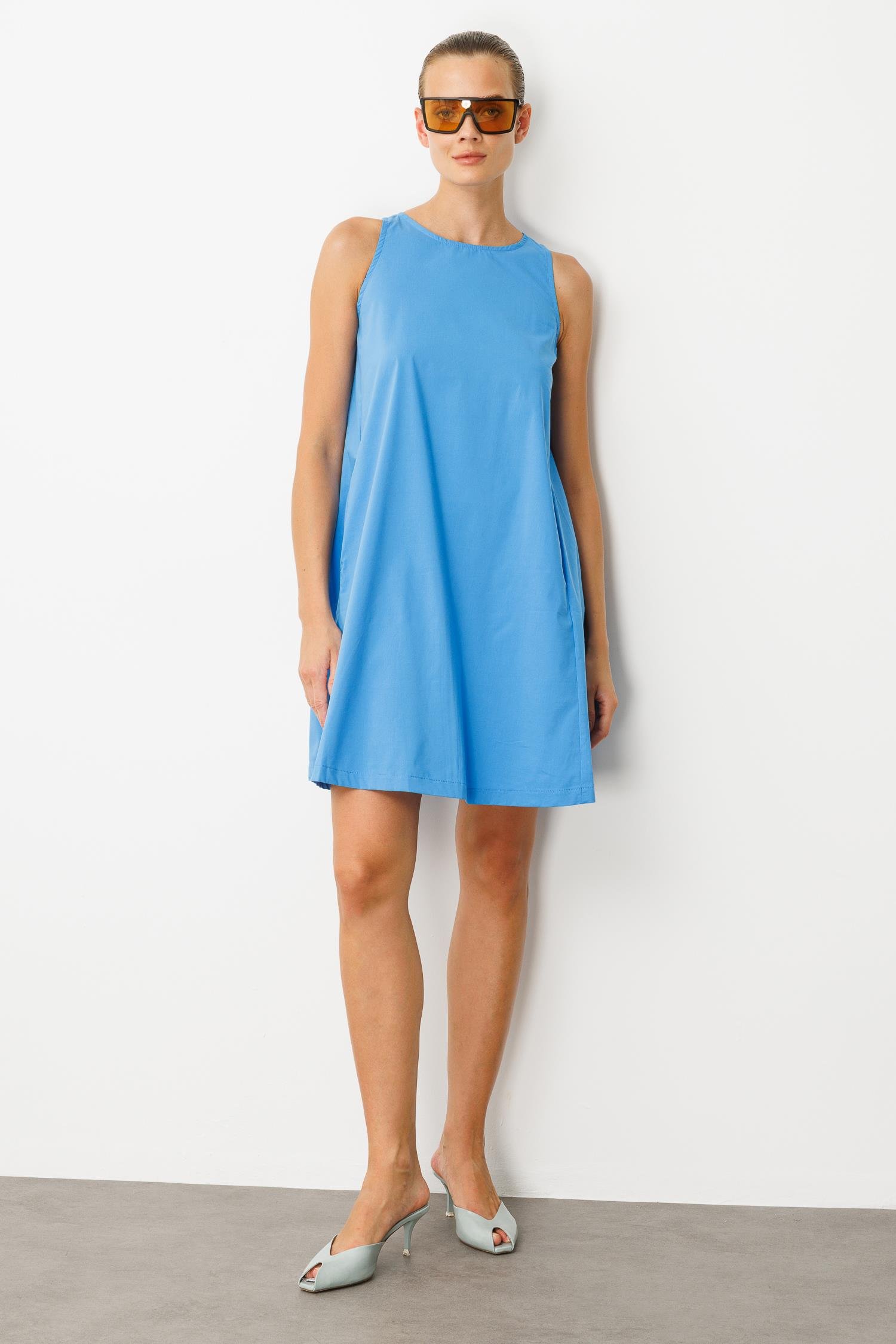 Pamuklu Rahat Kalıp Elbise-MAVİ