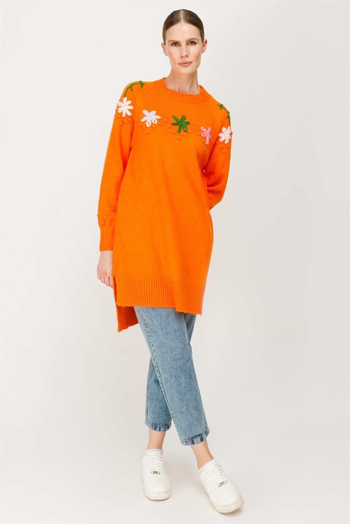 Papatya Desenli Triko Tunik - ORANJE