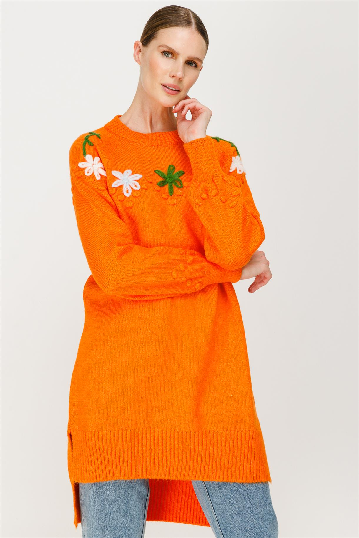 Papatya Desenli Triko Tunik - ORANJE
