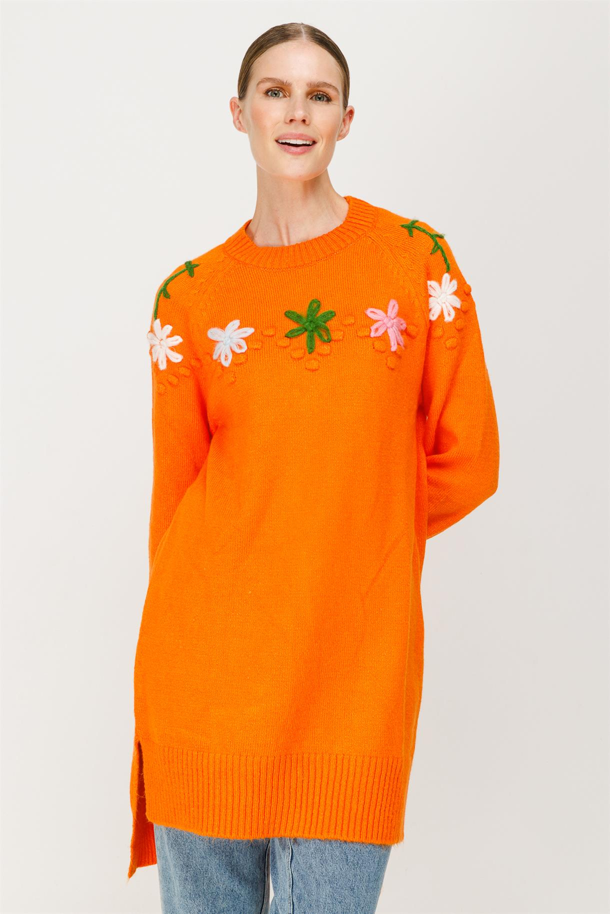 Papatya Desenli Triko Tunik - ORANJE