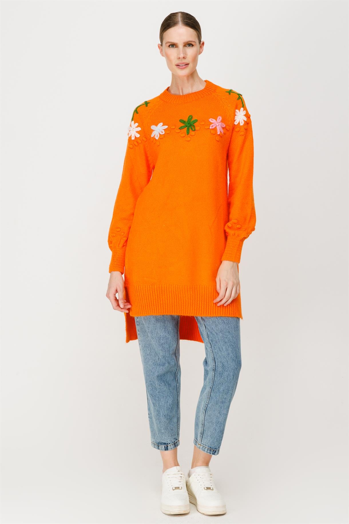 Papatya Desenli Triko Tunik - ORANJE
