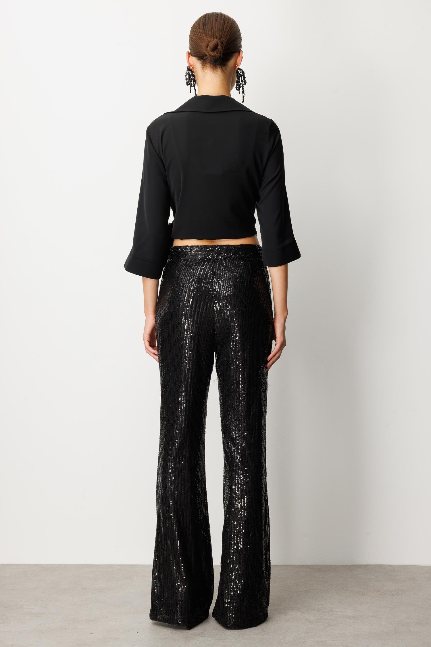 Payetli Bol Paça Pantolon-SİYAH