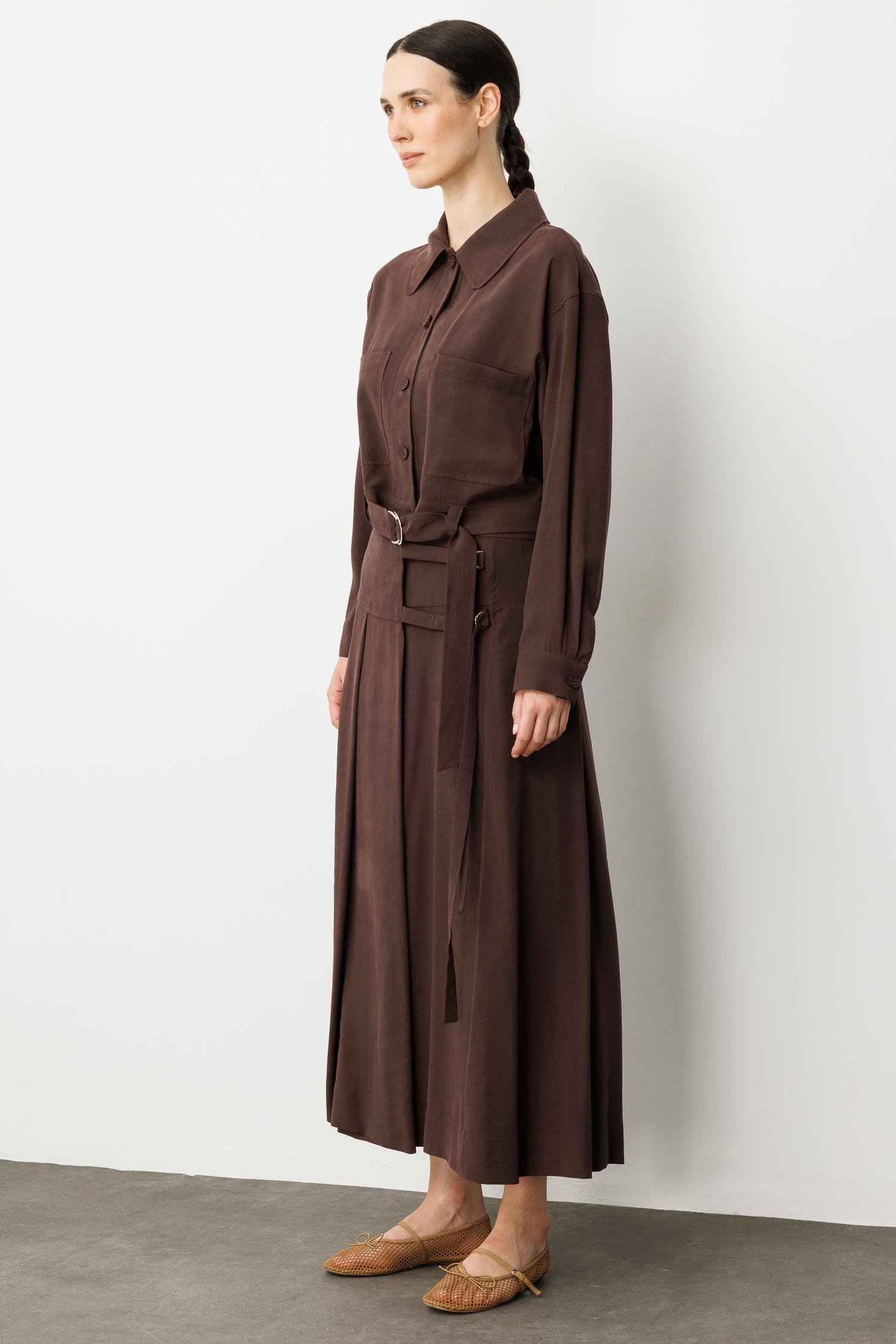 Pileli Kuşaklı Uzun Etek-KAHVE