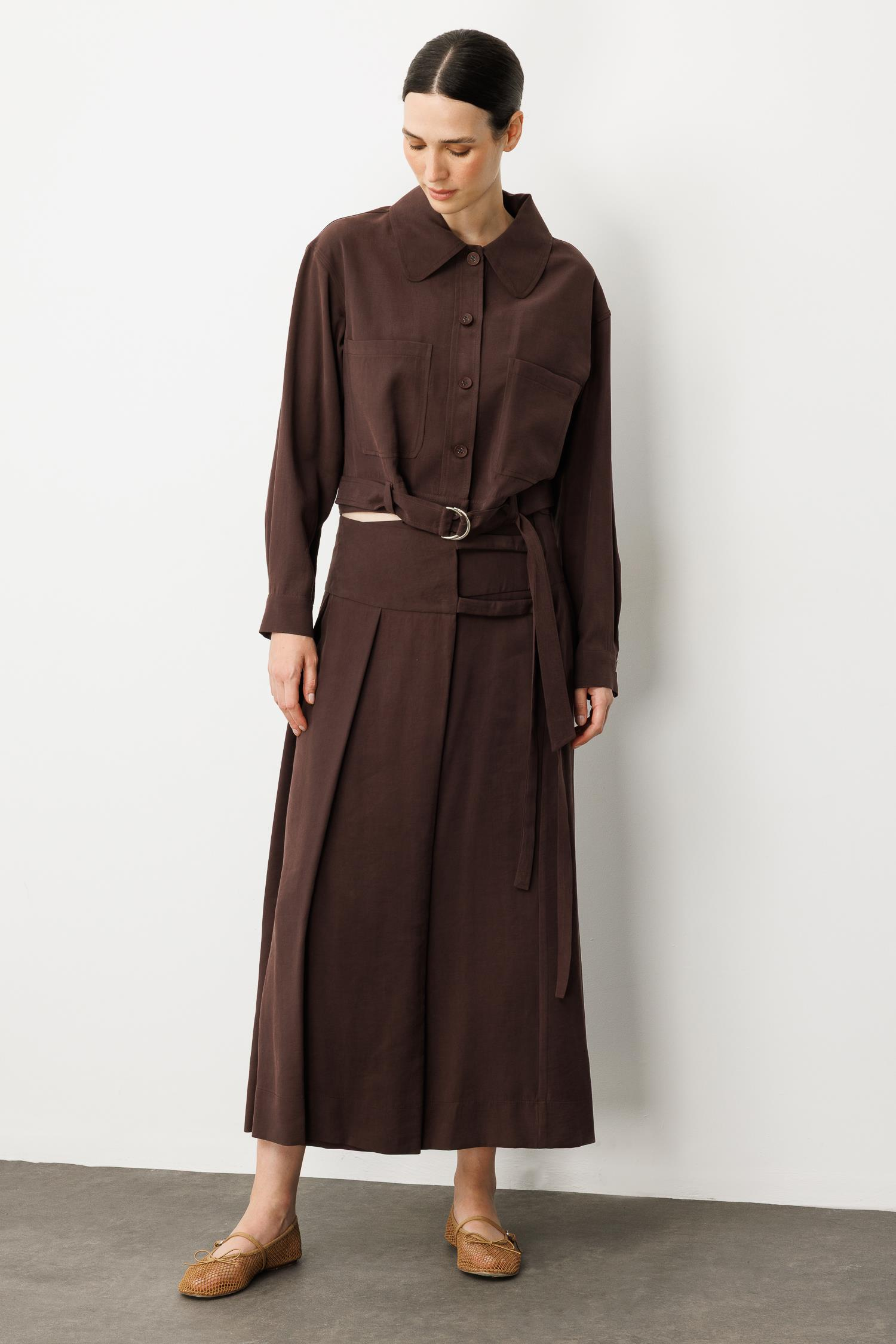 Pileli Kuşaklı Uzun Etek-KAHVE