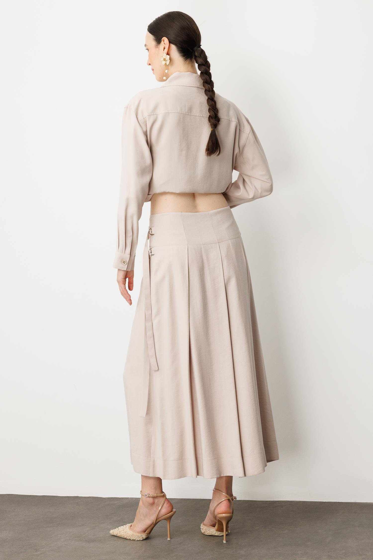 Pileli Kuşaklı Uzun Etek-TAŞ