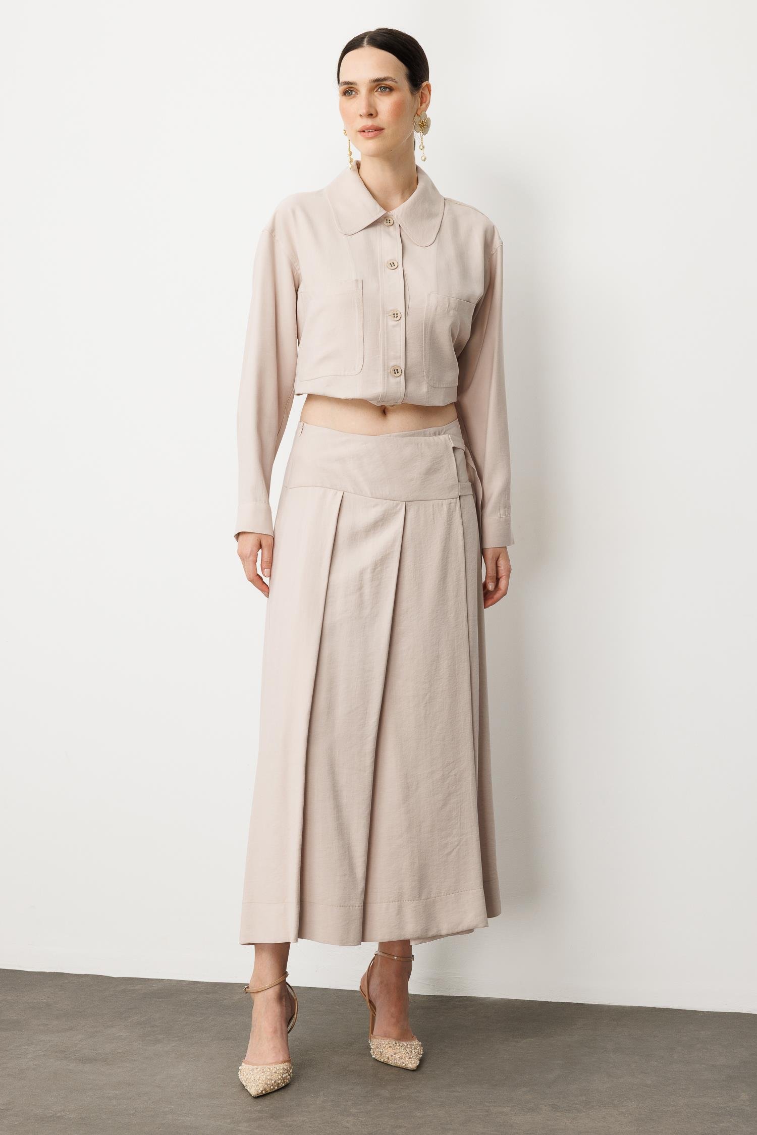 Pileli Kuşaklı Uzun Etek-TAŞ