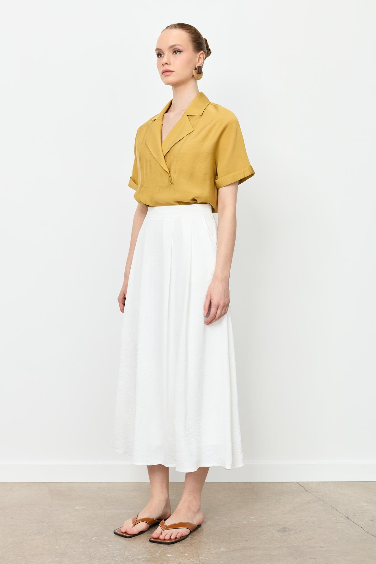 Pileli Uzun Kloş Etek-KEMIK