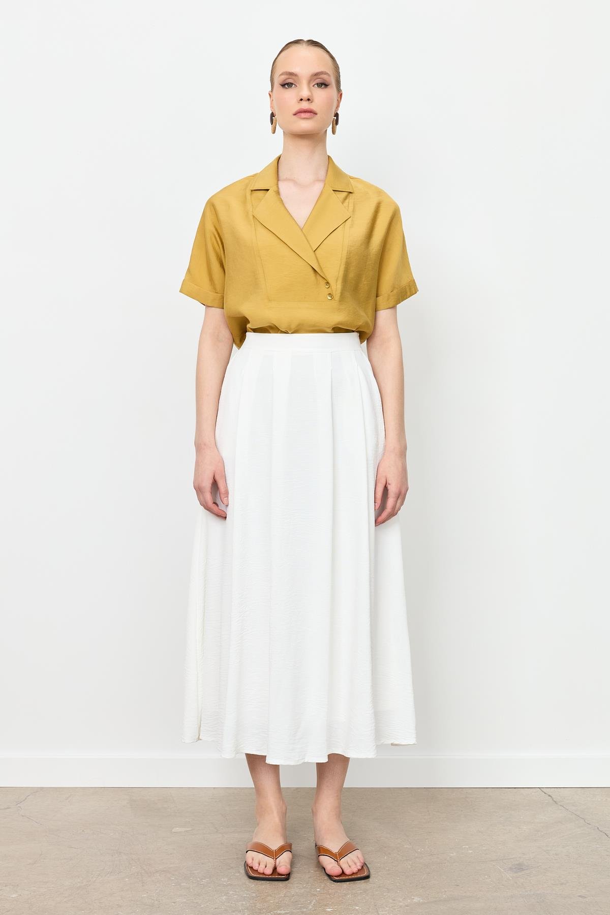 Pileli Uzun Kloş Etek-KEMIK