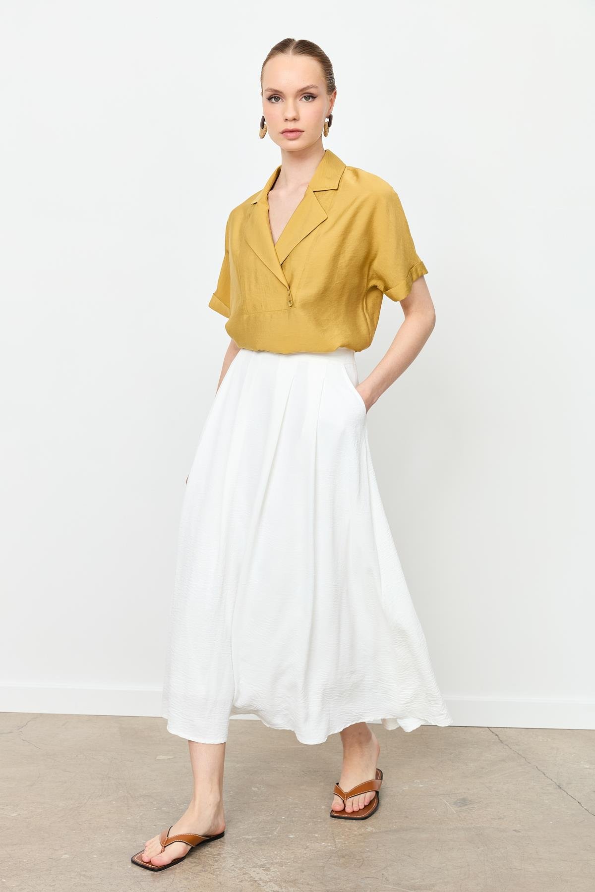 Pileli Uzun Kloş Etek-KEMIK