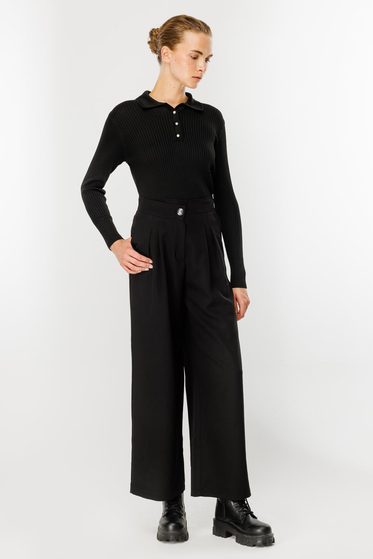 Pileli Yüksek Bel Palazzo Pantolon - SİYAH