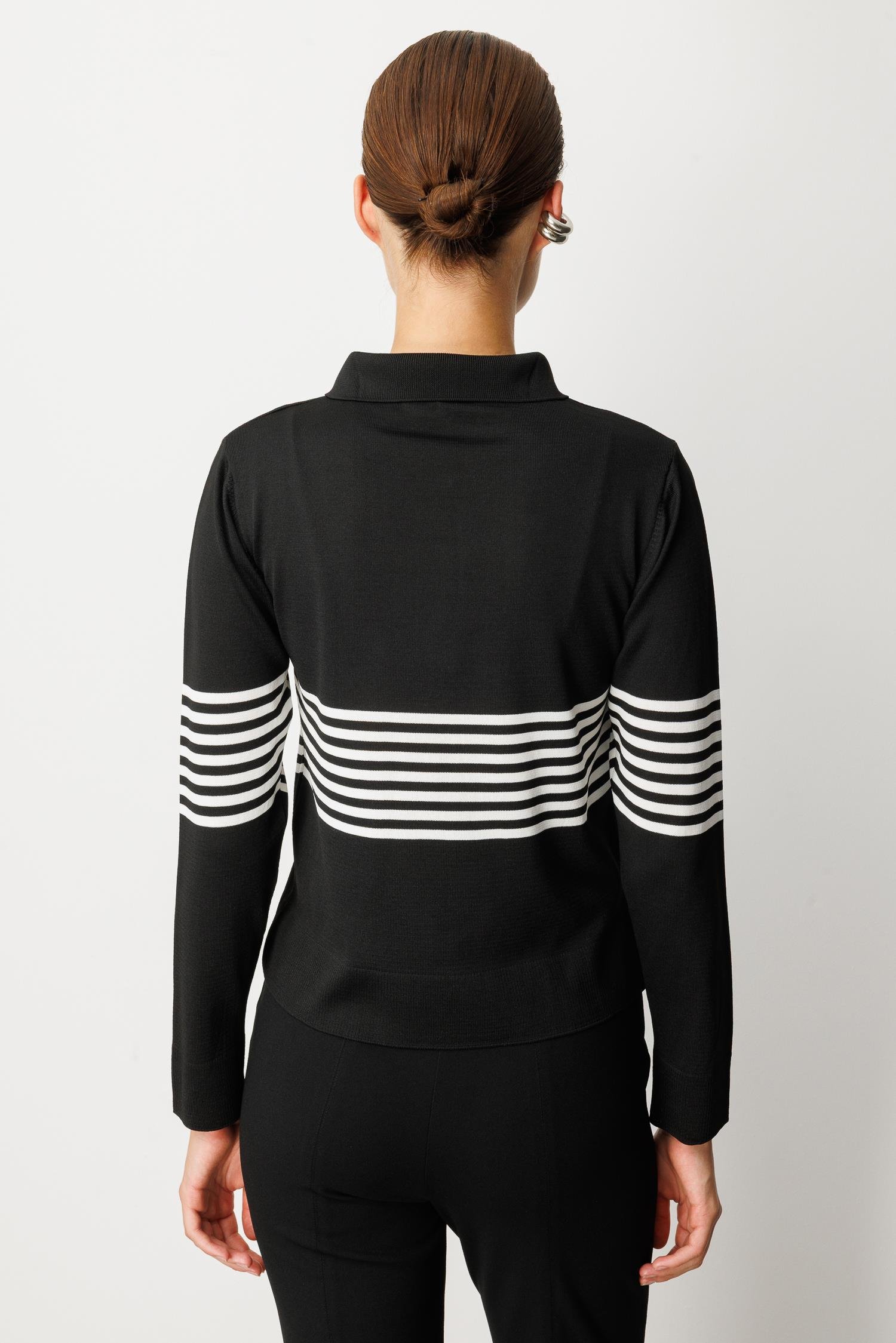 Polo Yaka Çizgi Desen Triko Kazak-SİYAH