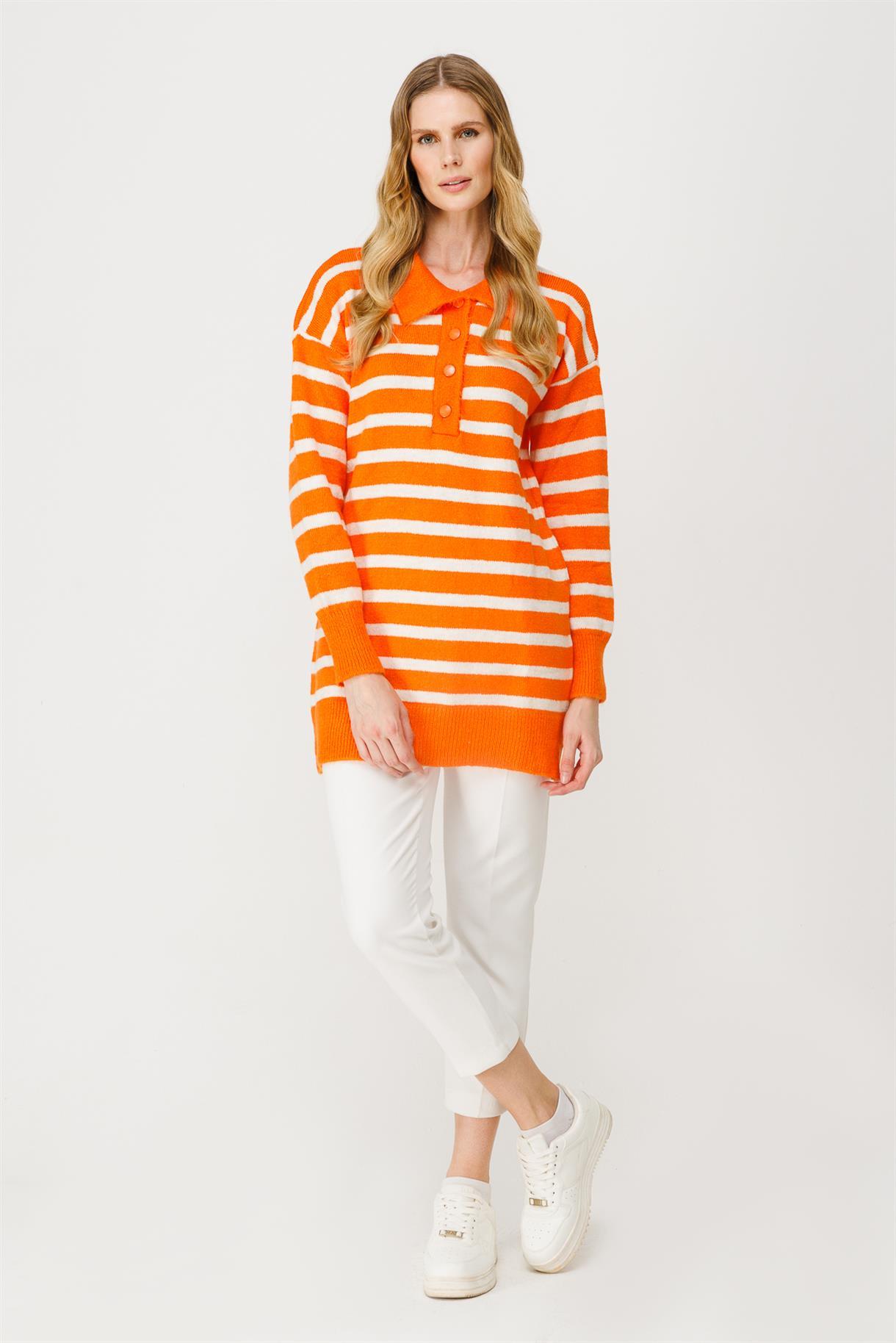 Polo Yaka Çizgili Triko Tunik - ORANJE