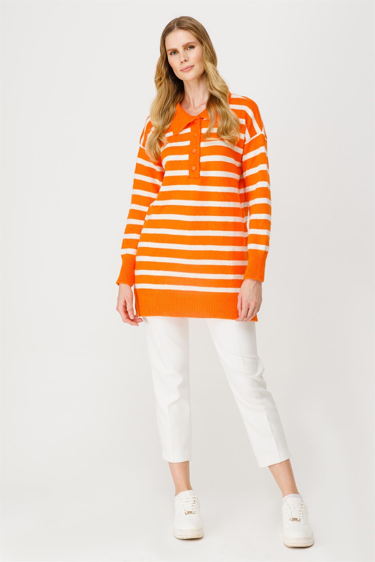 Polo Yaka Çizgili Triko Tunik - ORANJE