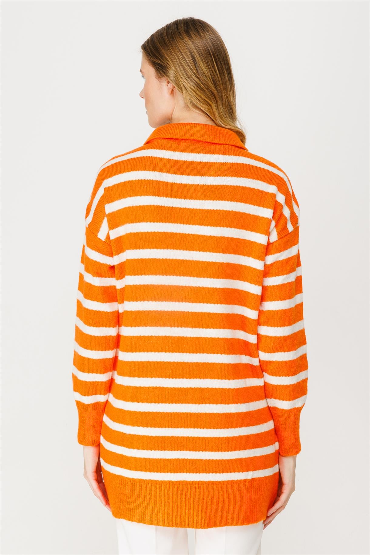 Polo Yaka Çizgili Triko Tunik - ORANJE