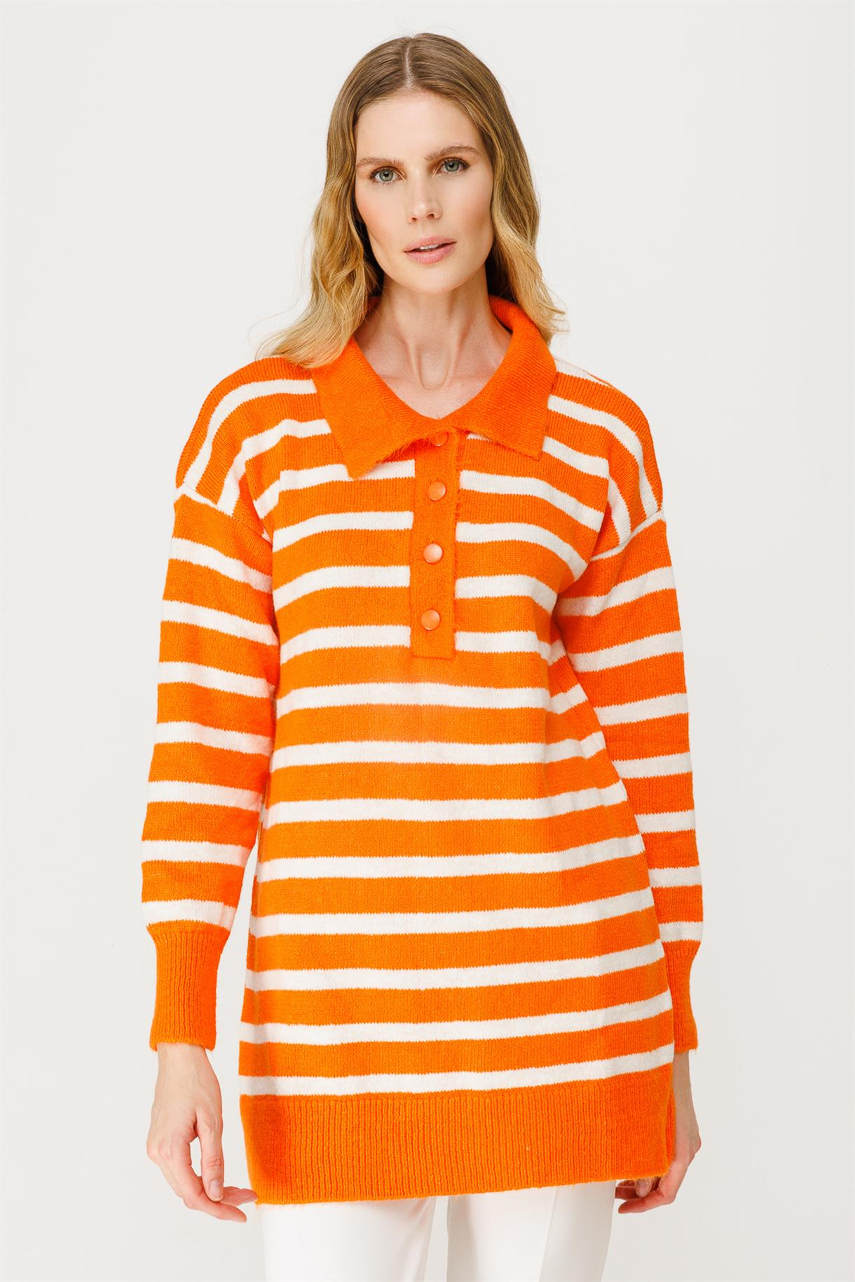 Polo Yaka Çizgili Triko Tunik - ORANJE