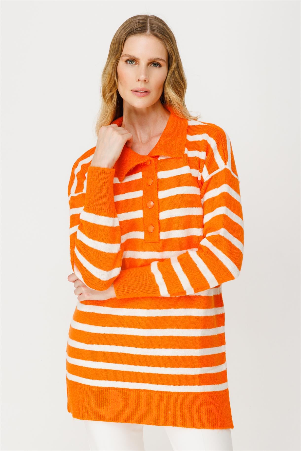 Polo Yaka Çizgili Triko Tunik - ORANJE