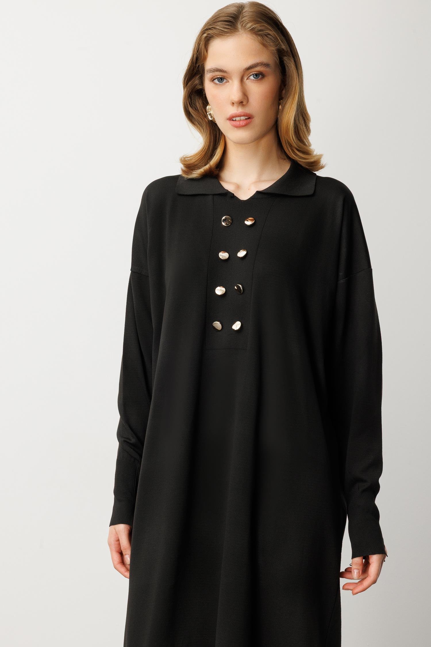 Polo Yaka Düğme Detaylı Uzun Elbise-SİYAH