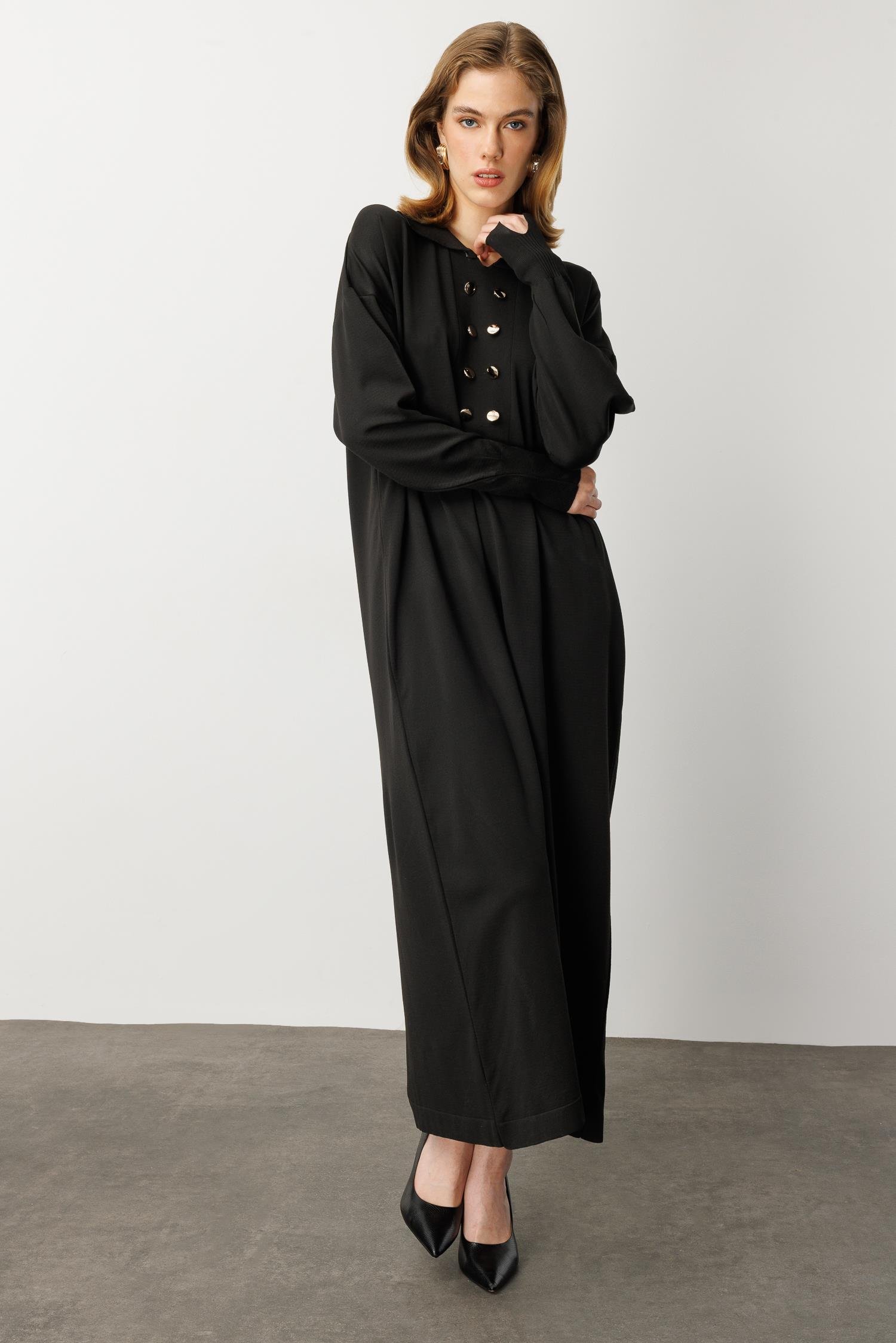 Polo Yaka Düğme Detaylı Uzun Elbise-SİYAH