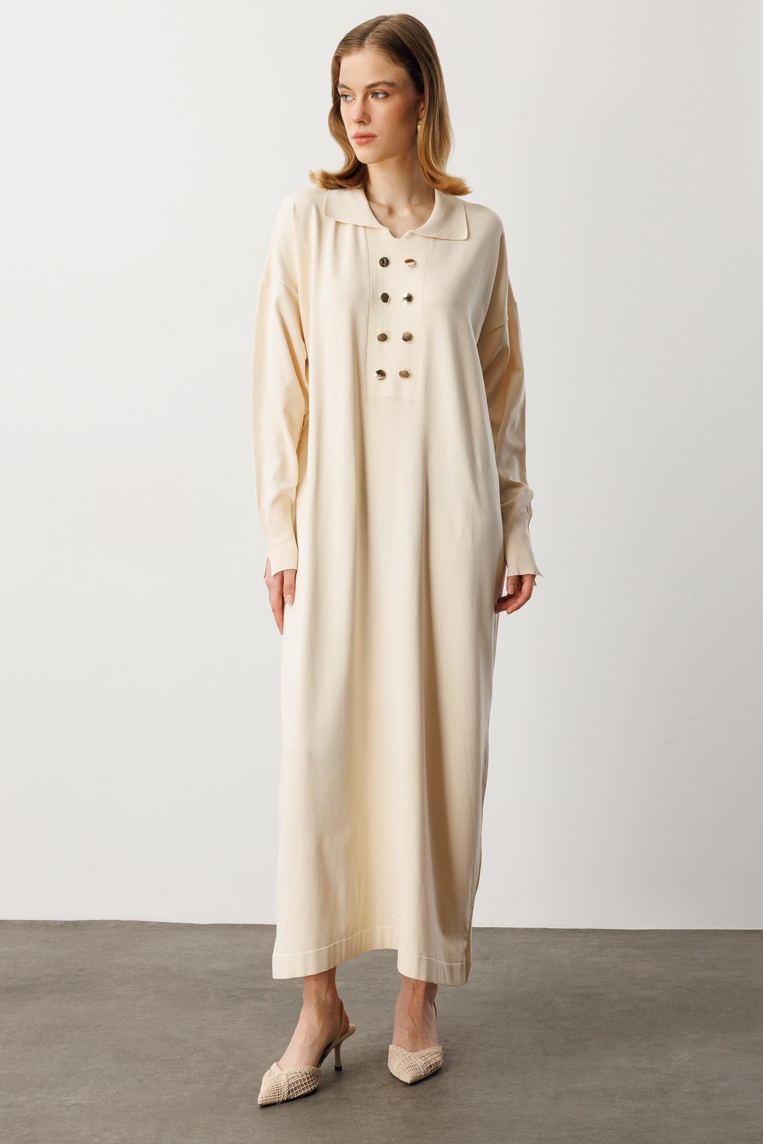 Polo Yaka Düğme Detaylı Uzun Elbise-TAŞ