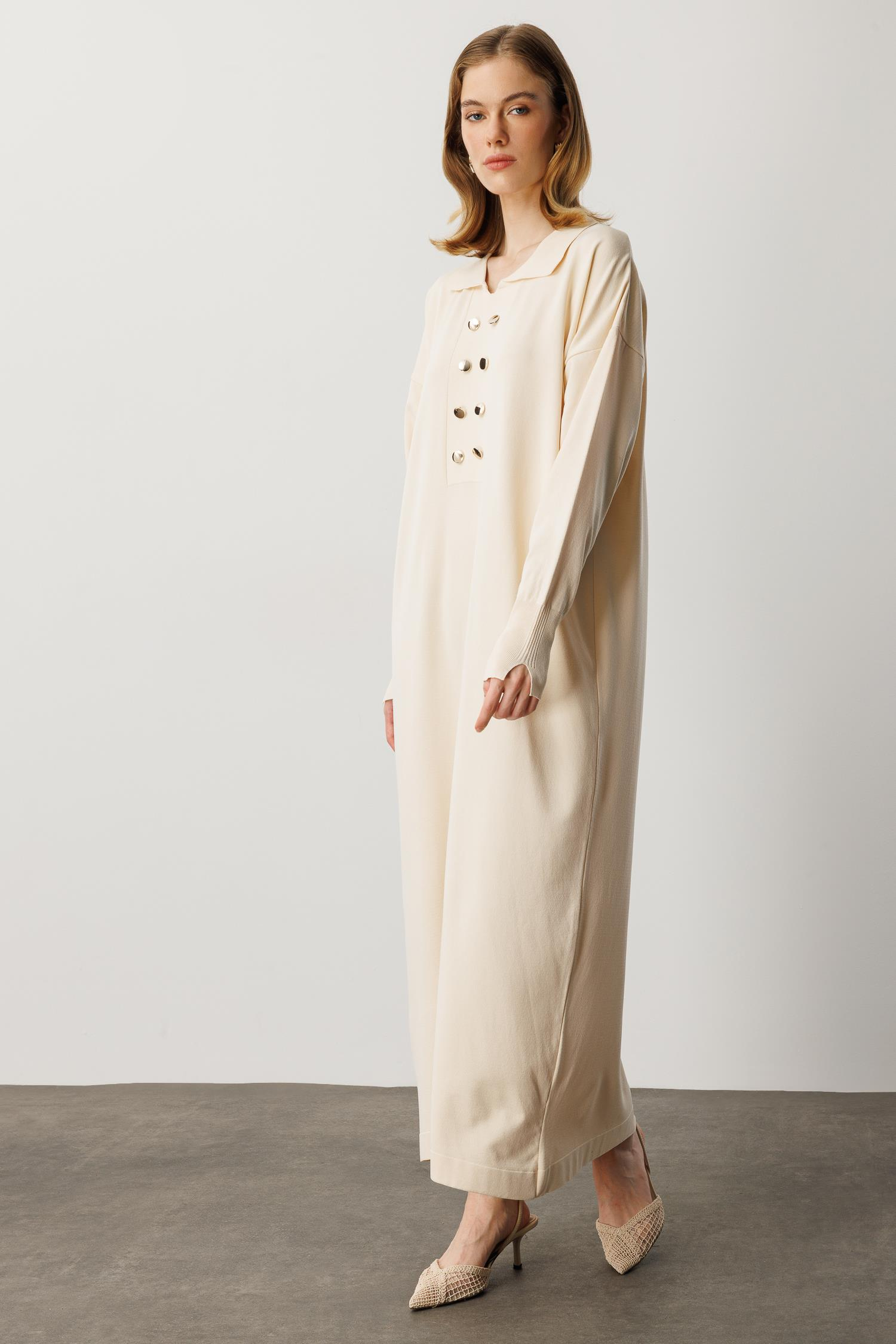 Polo Yaka Düğme Detaylı Uzun Elbise-TAŞ