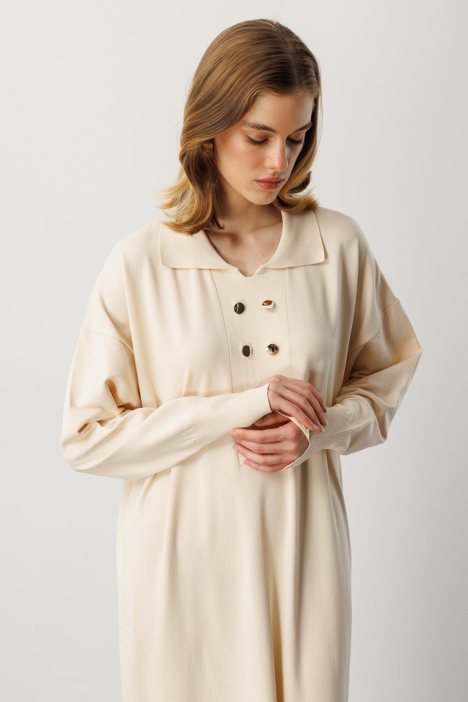 Polo Yaka Düğme Detaylı Uzun Elbise-TAŞ