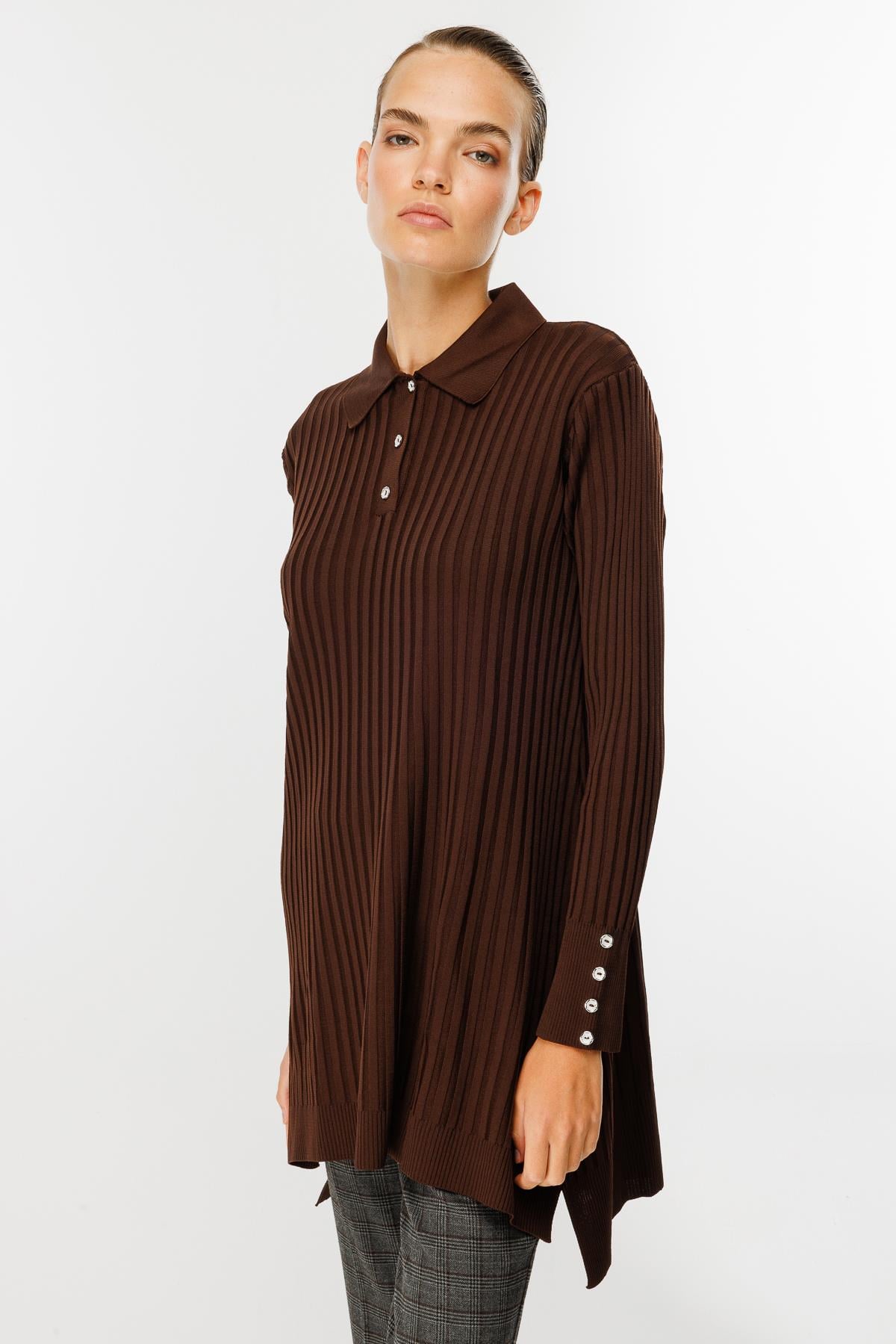 Polo Yaka Düğmeli Triko Tunik - KAHVE