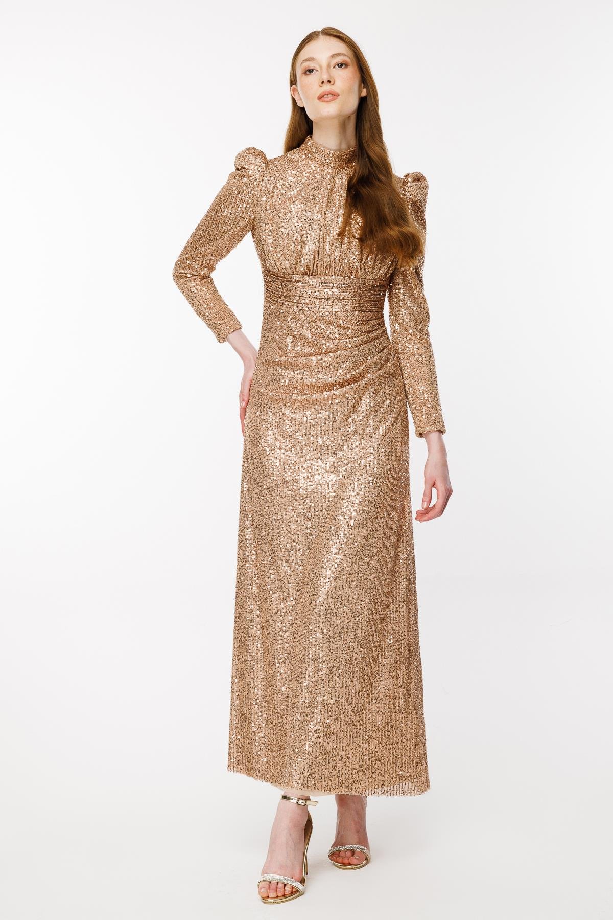 Pul İşlemeli Uzun Abiye - GOLD