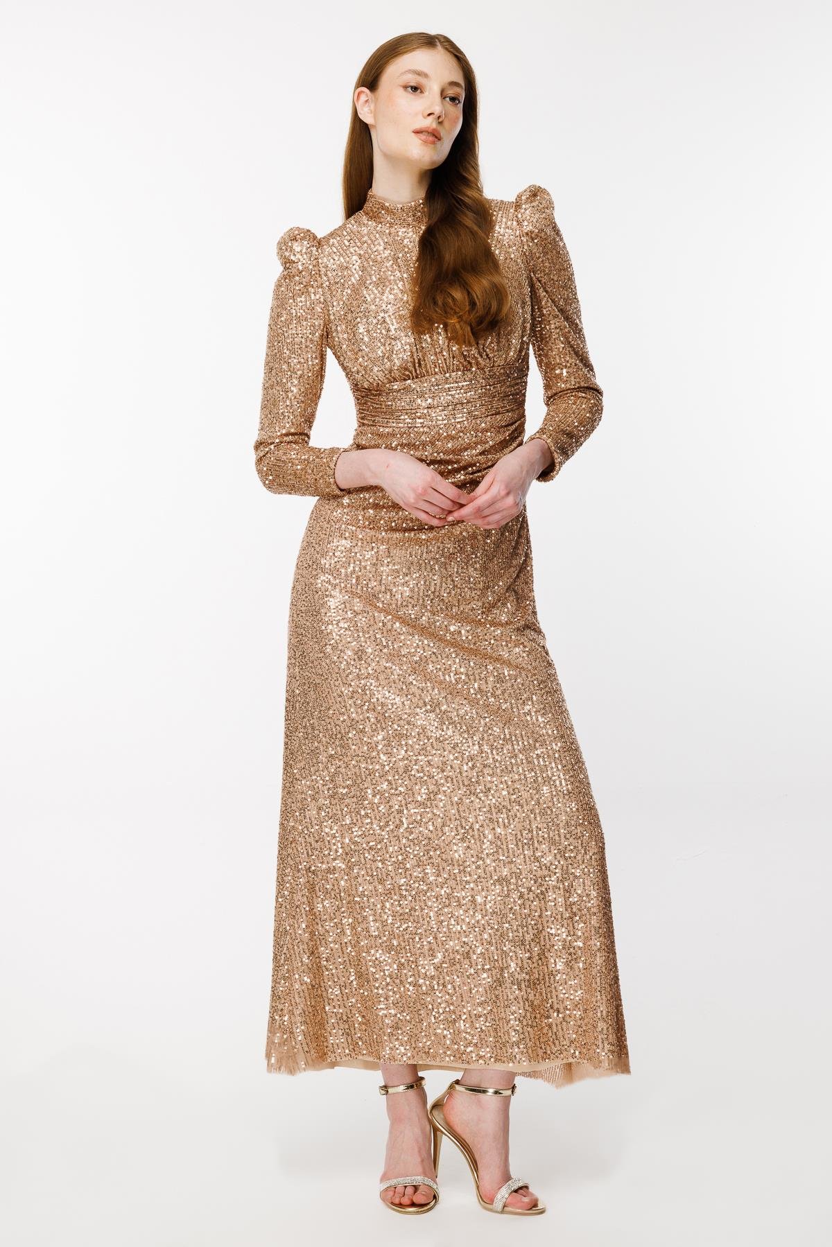 Pul İşlemeli Uzun Abiye - GOLD