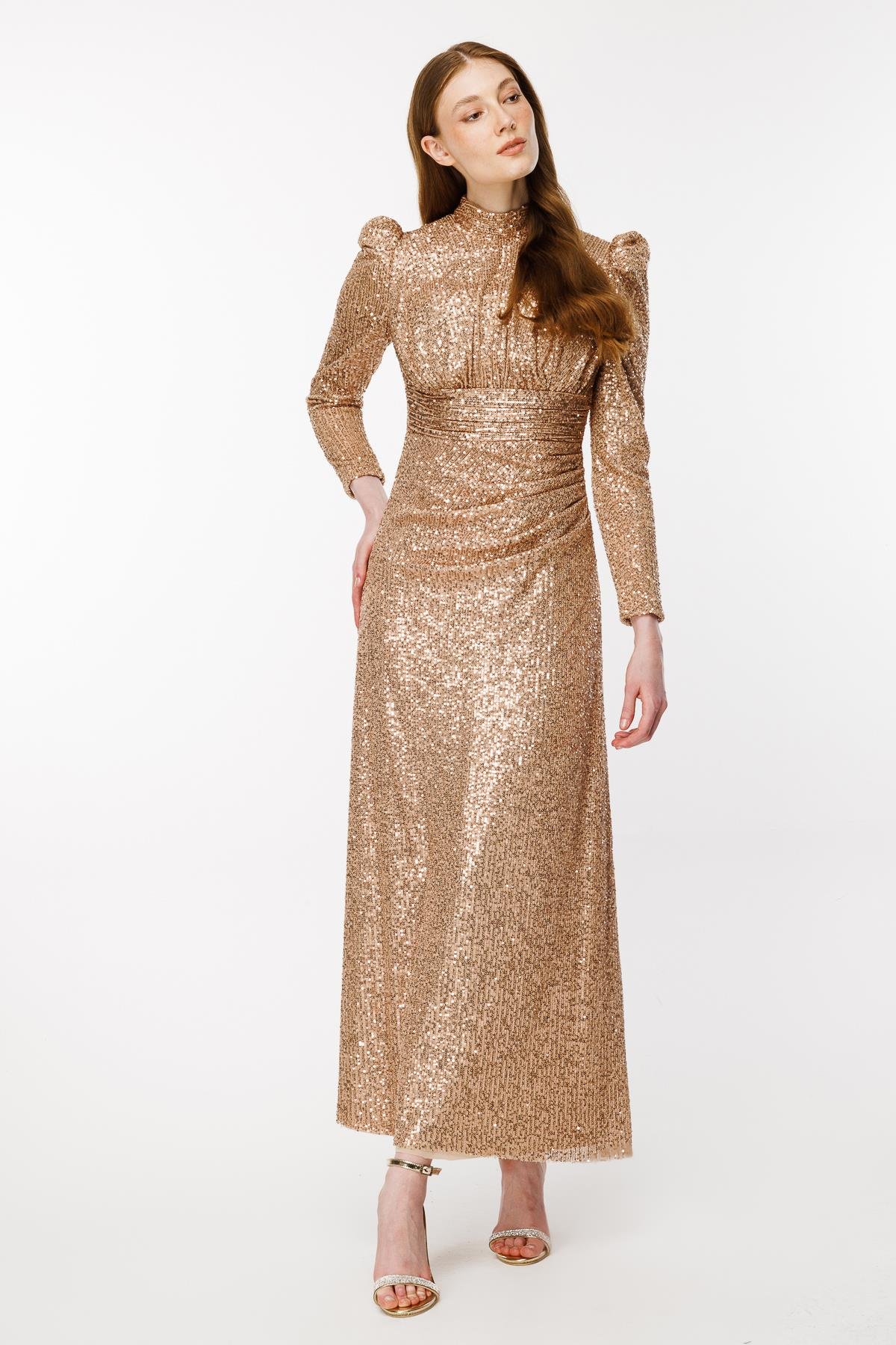 Pul İşlemeli Uzun Abiye - GOLD