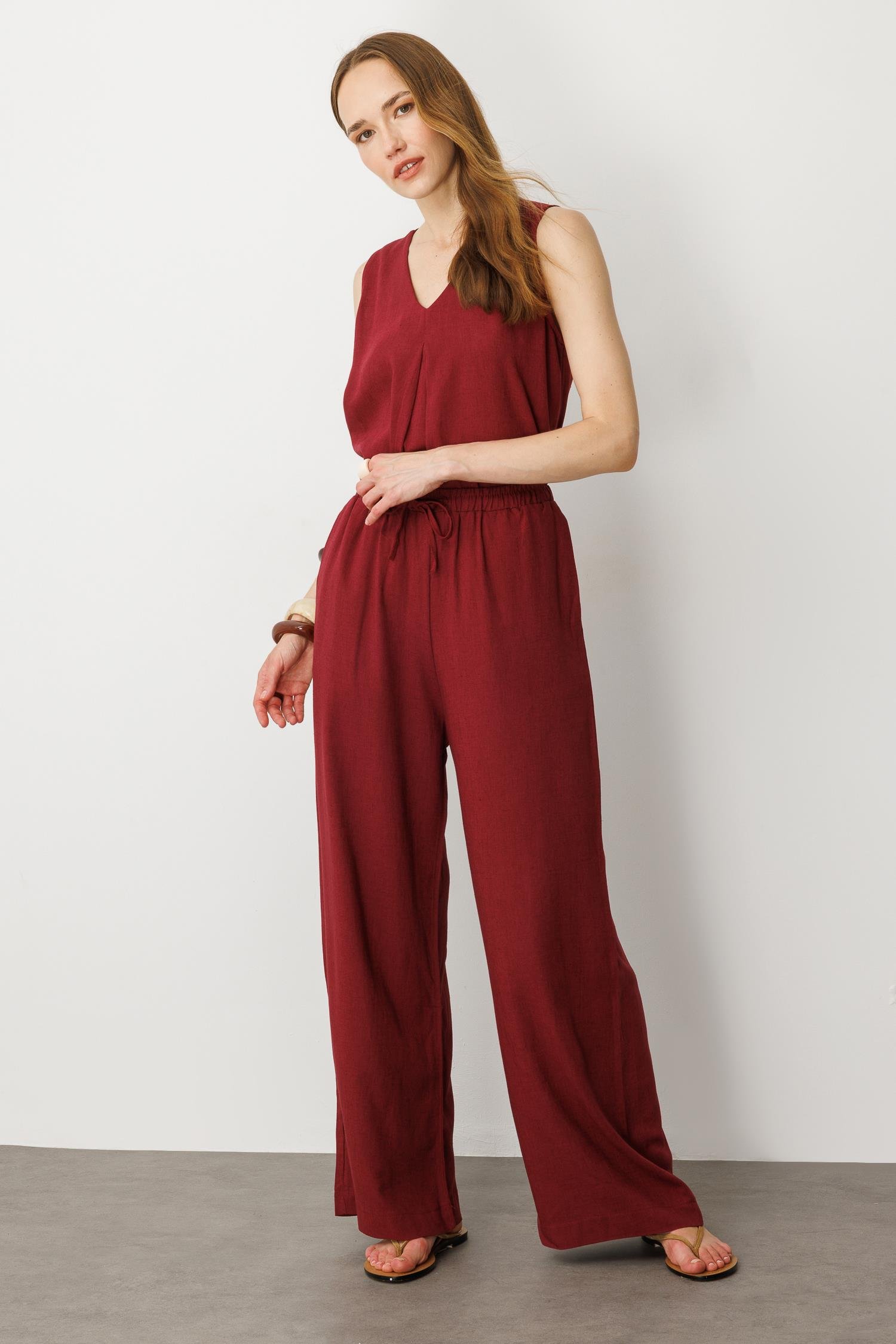 Rahat Kalıp Keten Pantolon-BORDO