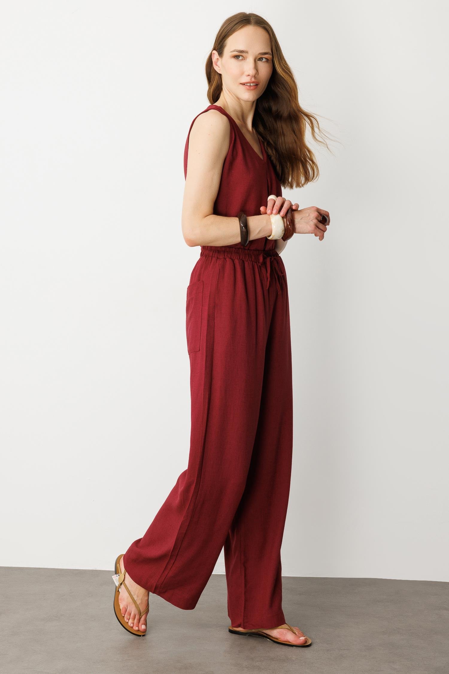 Rahat Kalıp Keten Pantolon-BORDO