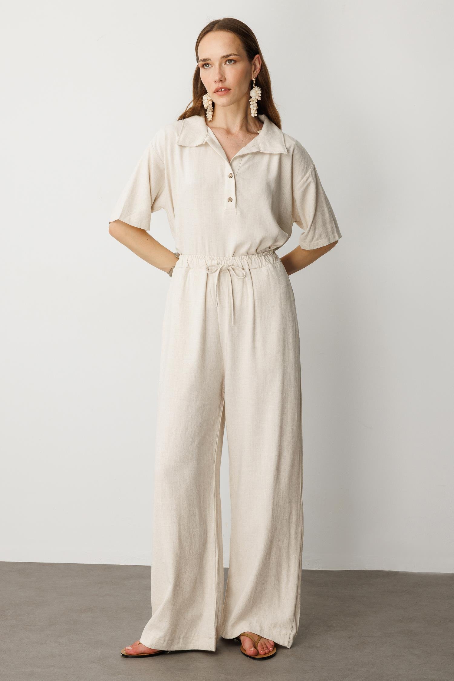 Rahat Kalıp Keten Pantolon-KREM