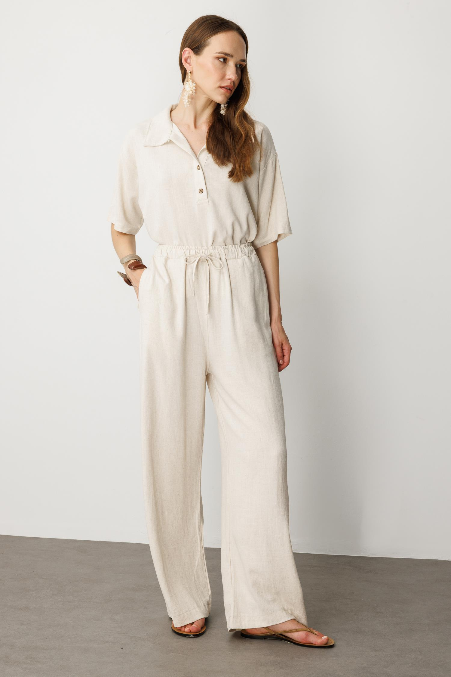 Rahat Kalıp Keten Pantolon-KREM