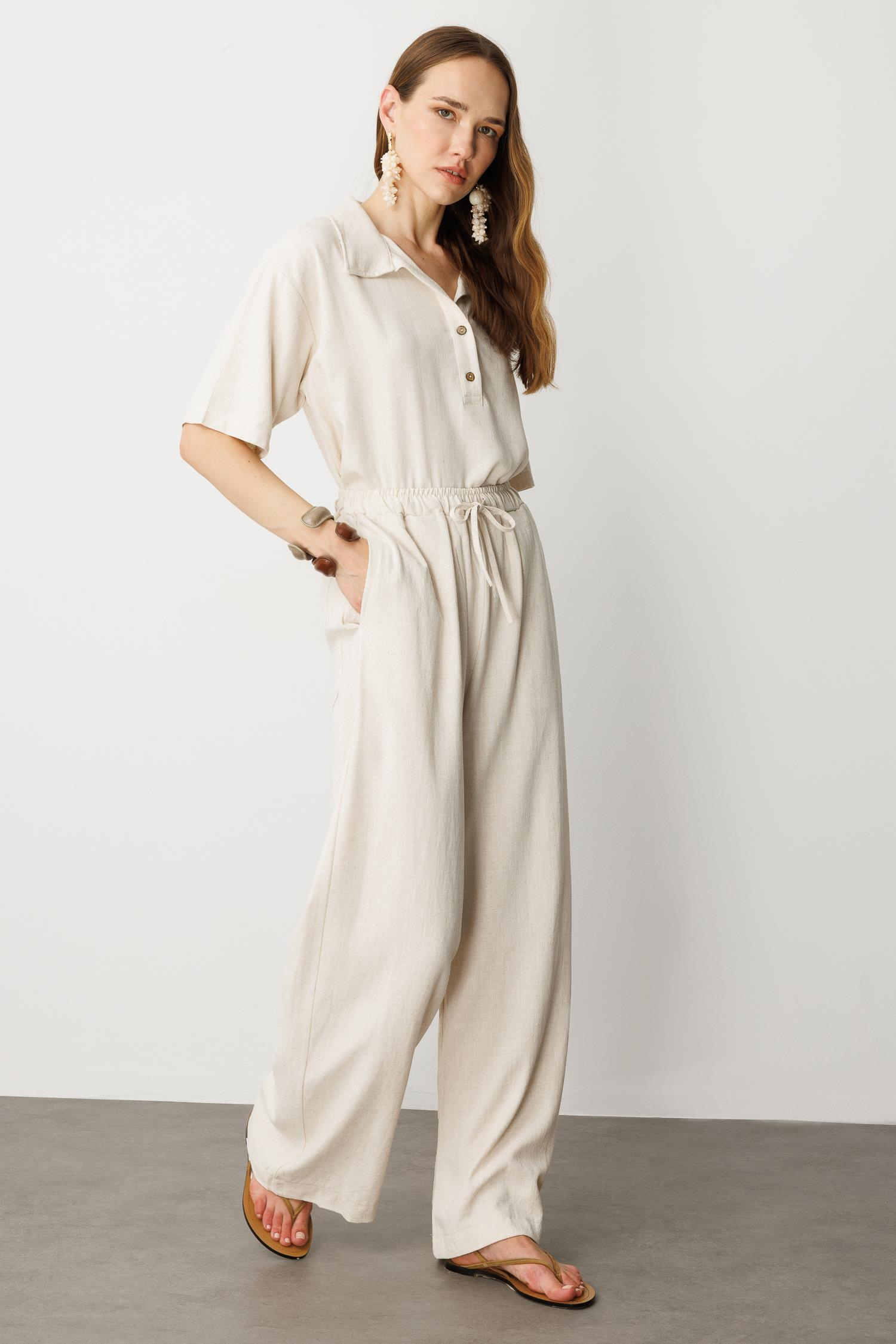 Rahat Kalıp Keten Pantolon-KREM