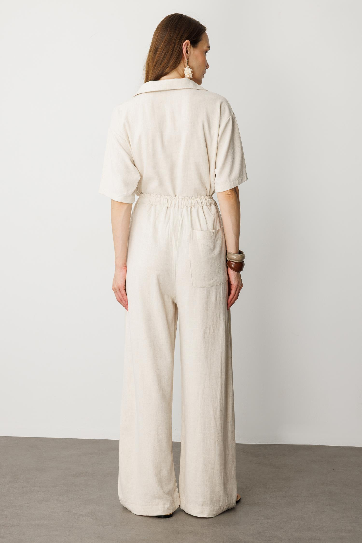 Rahat Kalıp Keten Pantolon-KREM