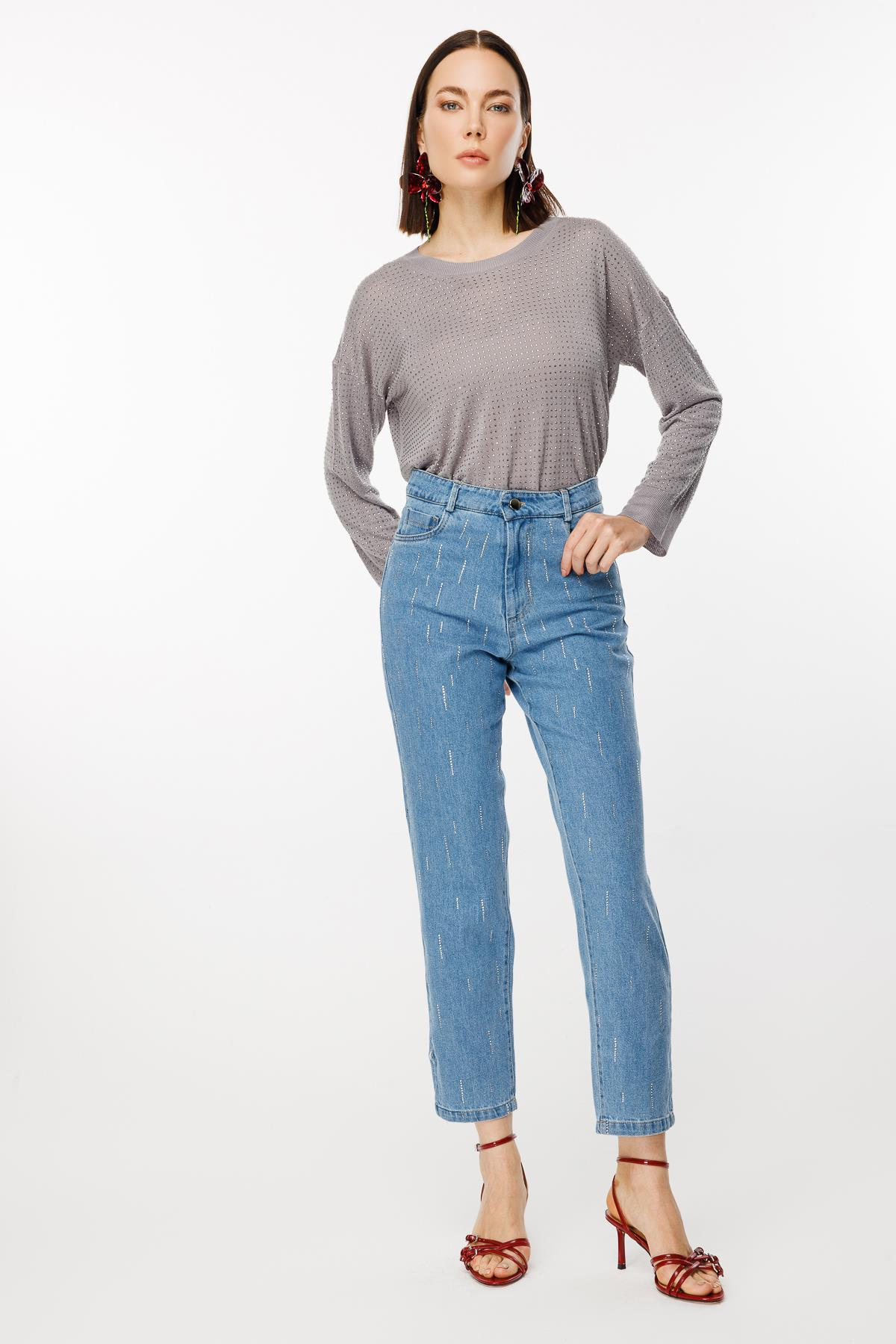 Rahat Kalıp Taş Baskılı Kot Pantolon - MAVİ