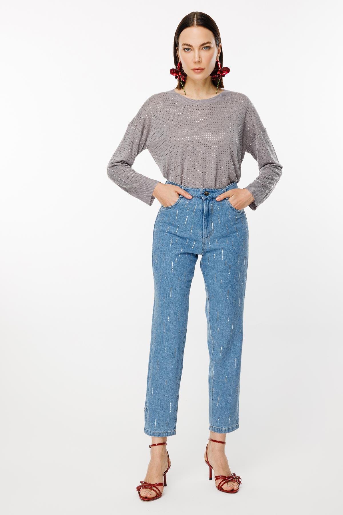 Rahat Kalıp Taş Baskılı Kot Pantolon - MAVİ