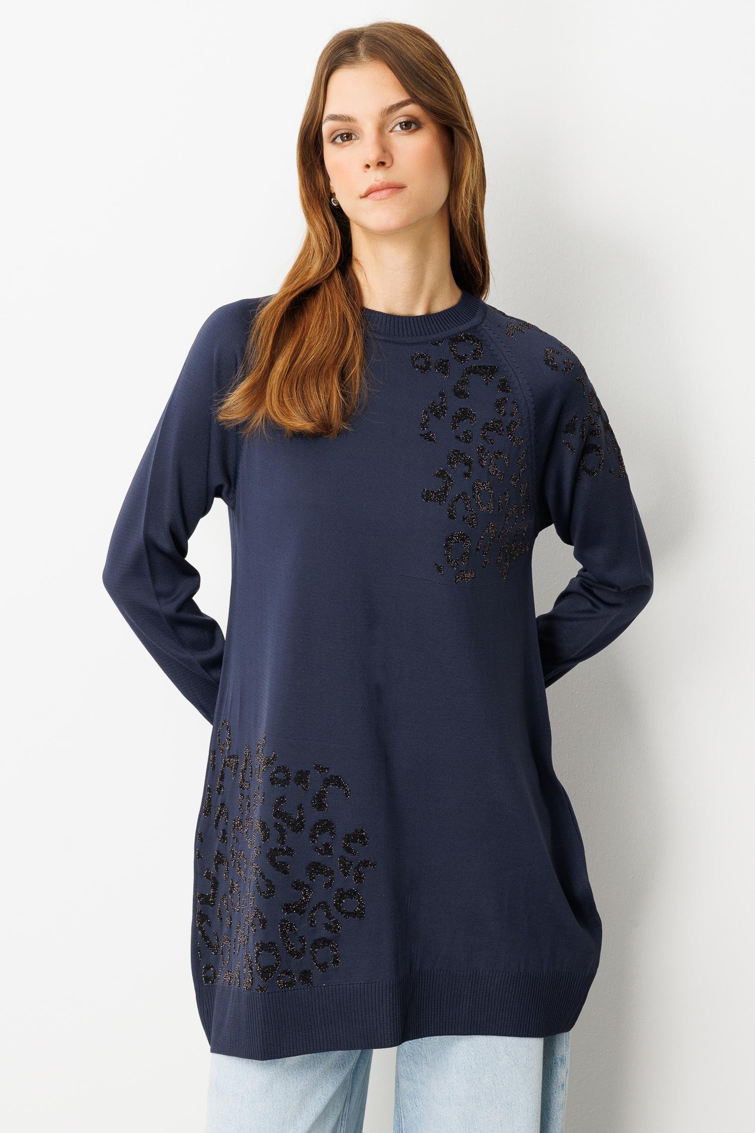 Reglan Kol Leopar Desenli Triko Tunik-LACI