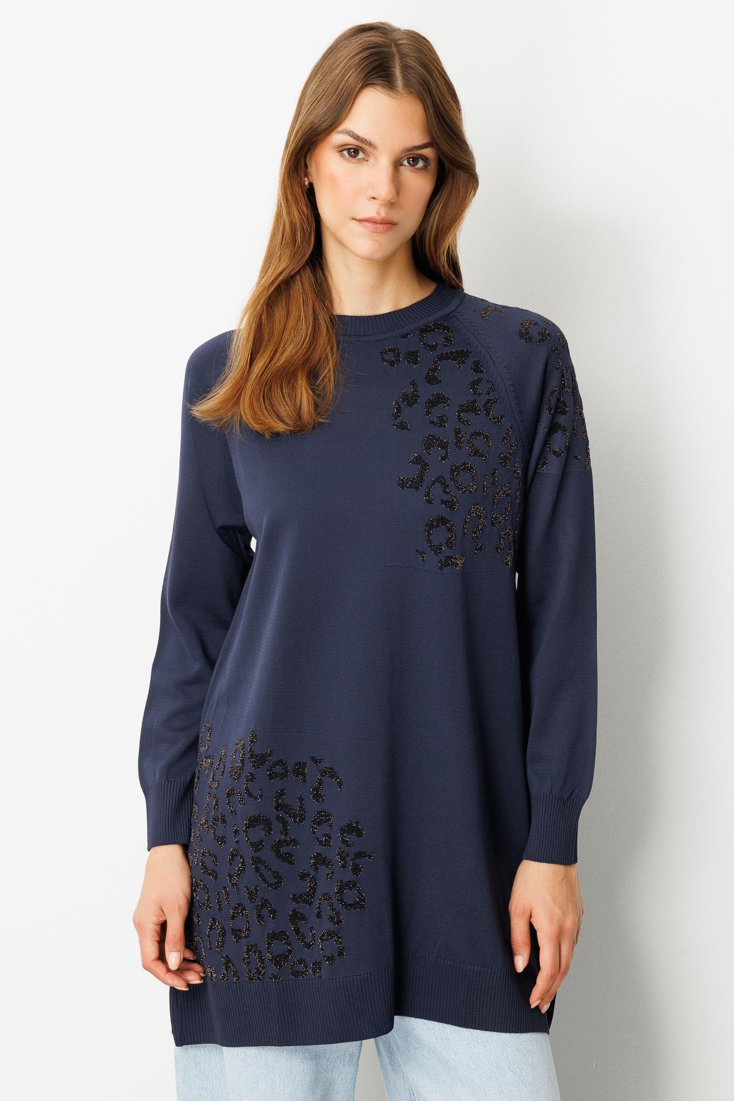 Reglan Kol Leopar Desenli Triko Tunik-LACI