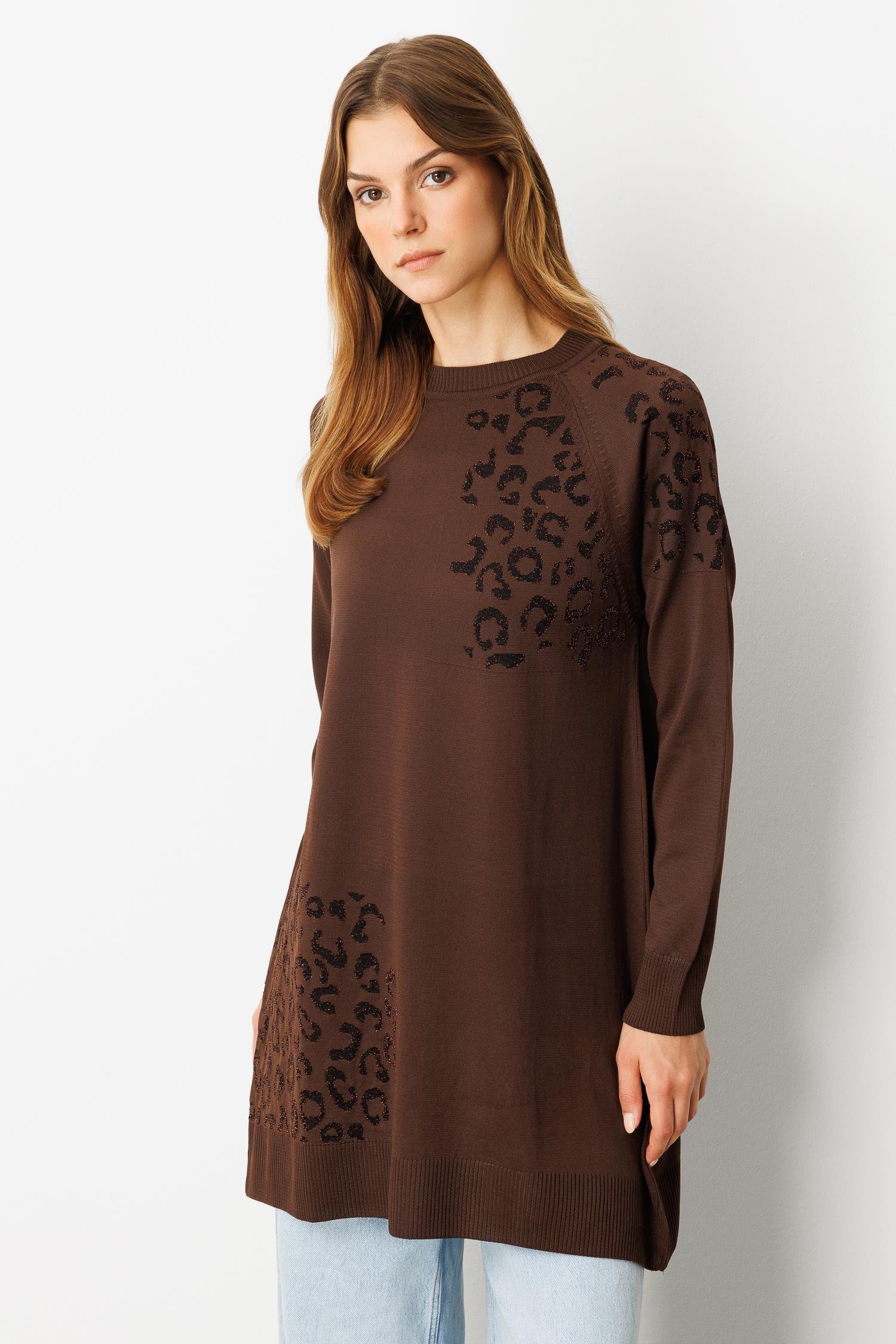Reglan Kol Leopar Desenli Triko Tunik-KAHVE