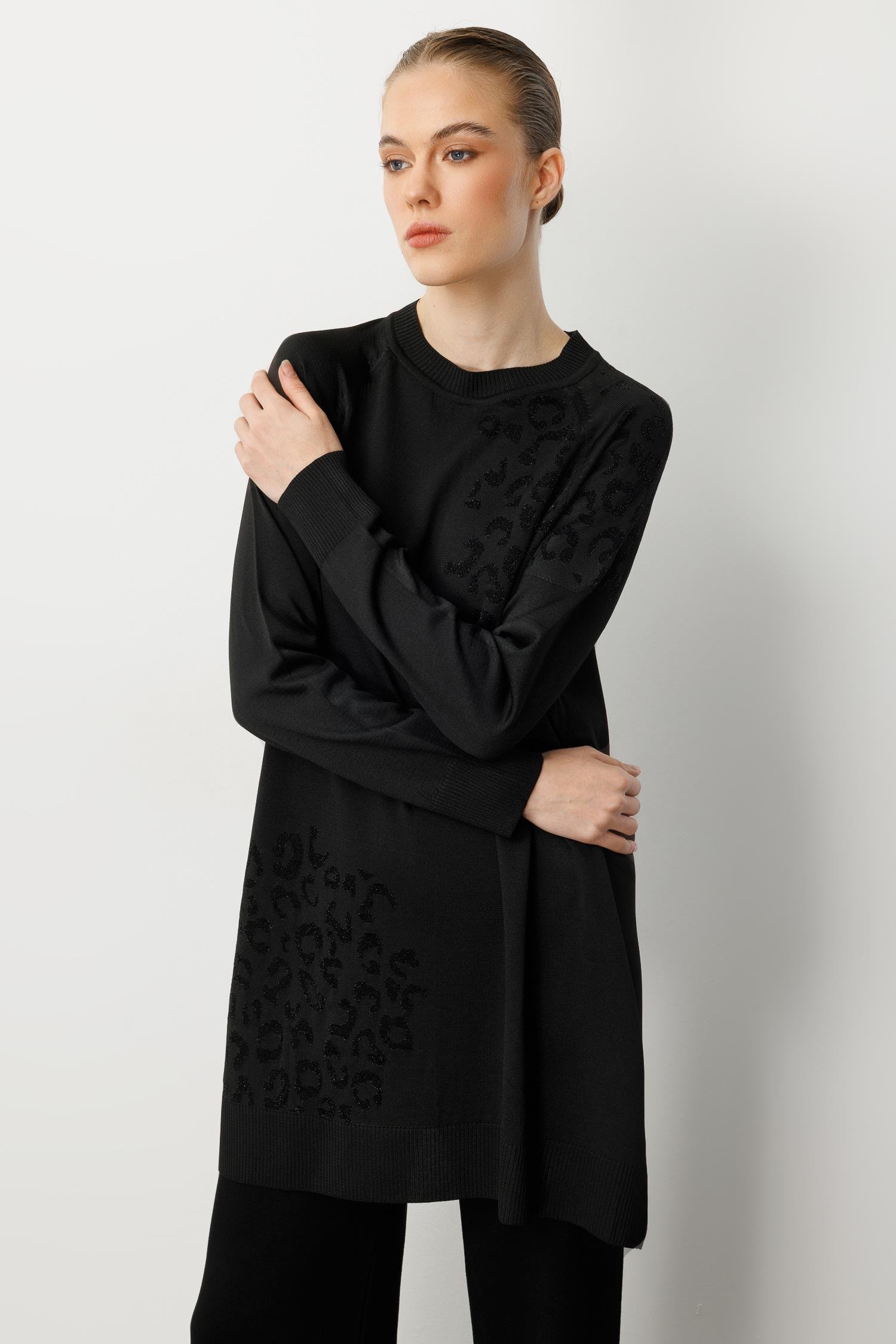 Reglan Kol Leopar Desenli Triko Tunik-SİYAH