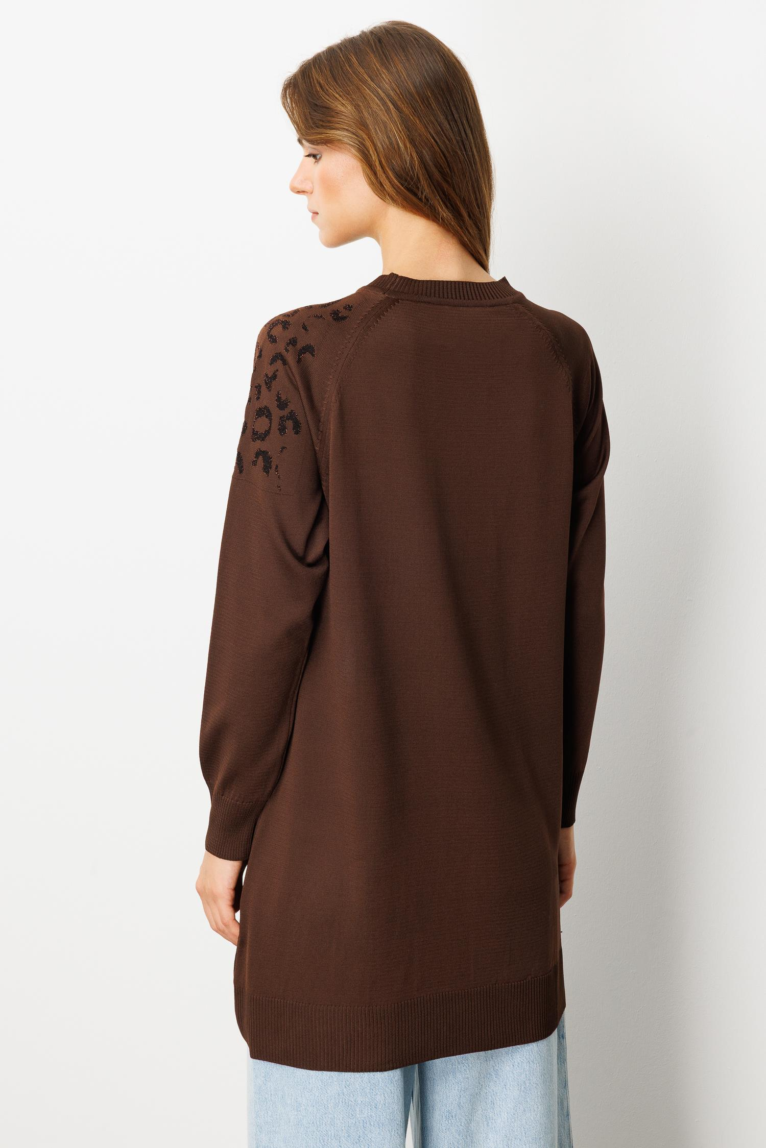Reglan Kol Leopar Desenli Triko Tunik-KAHVE
