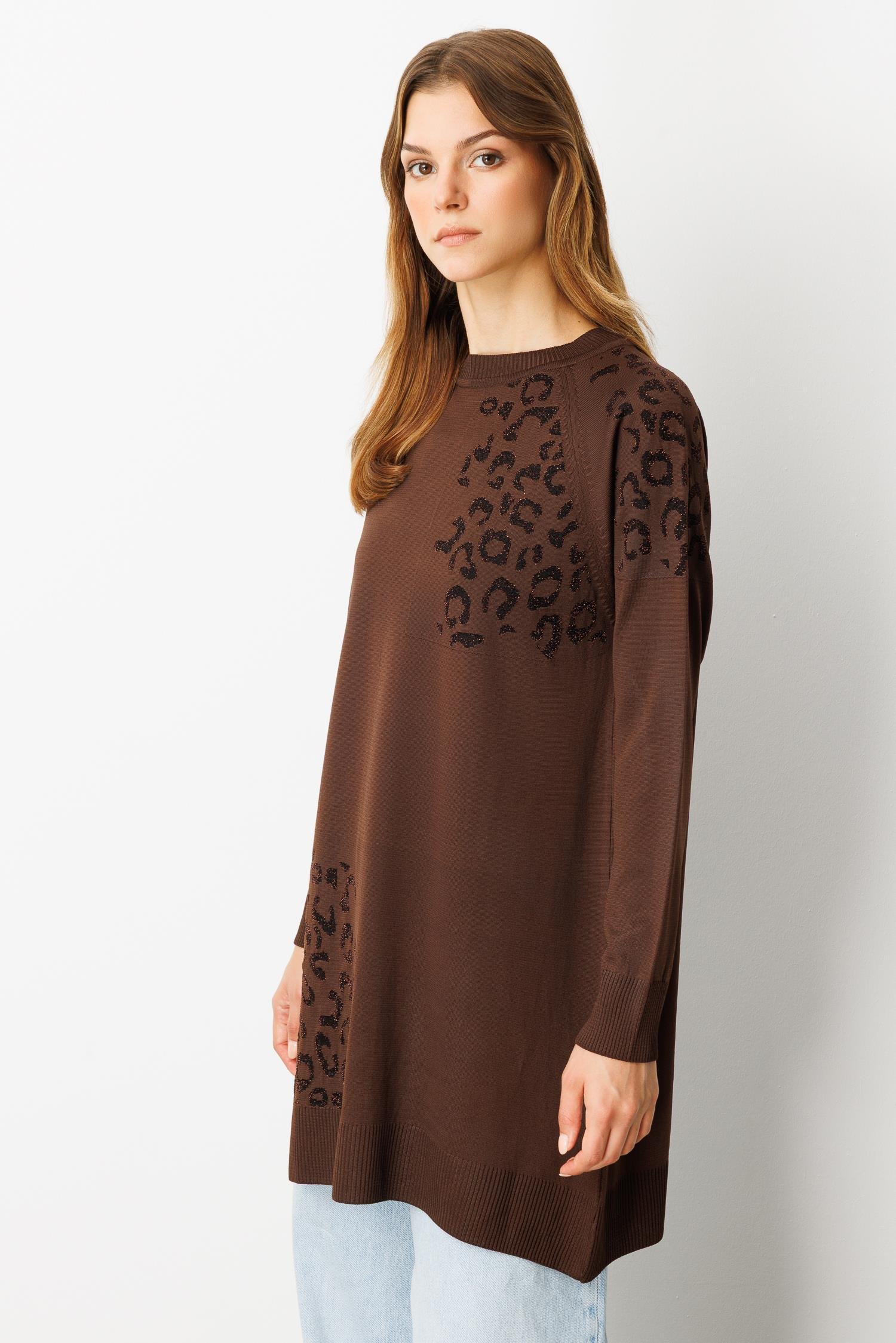 Reglan Kol Leopar Desenli Triko Tunik-KAHVE