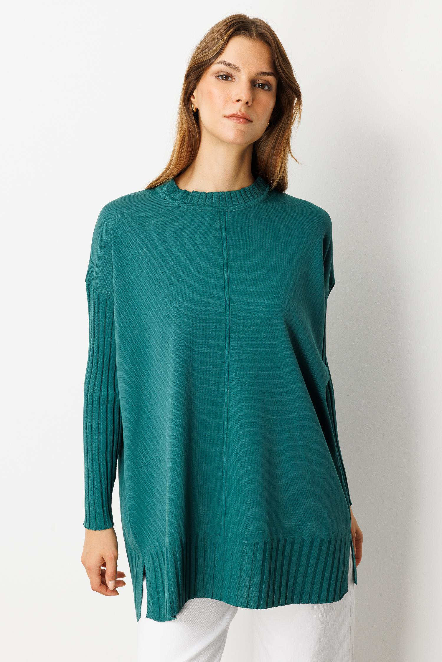 Ribana Detaylı Triko Tunik-ZÜMRÜT