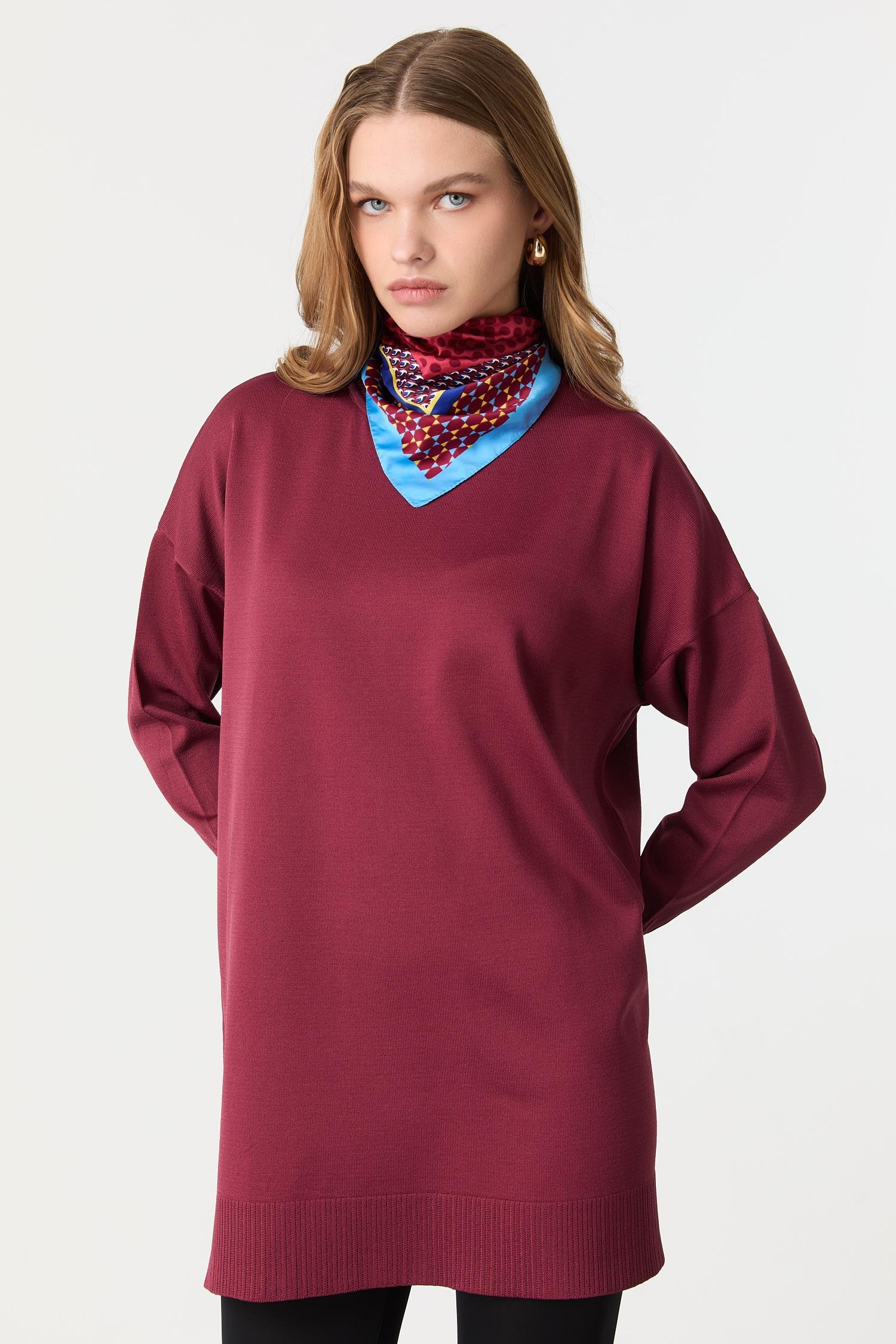 Ribanalı Triko Tunik-BORDO