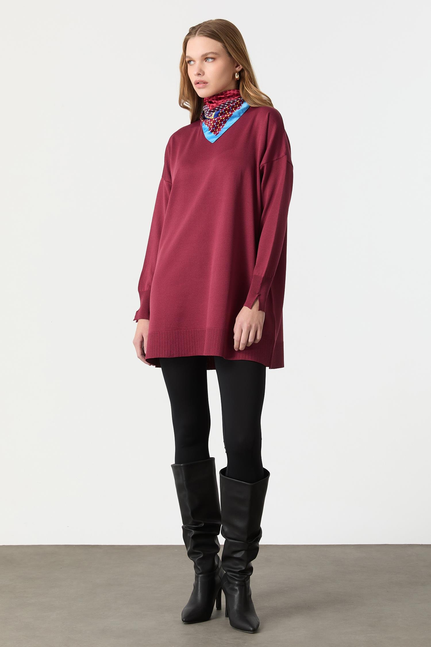Ribanalı Triko Tunik-BORDO
